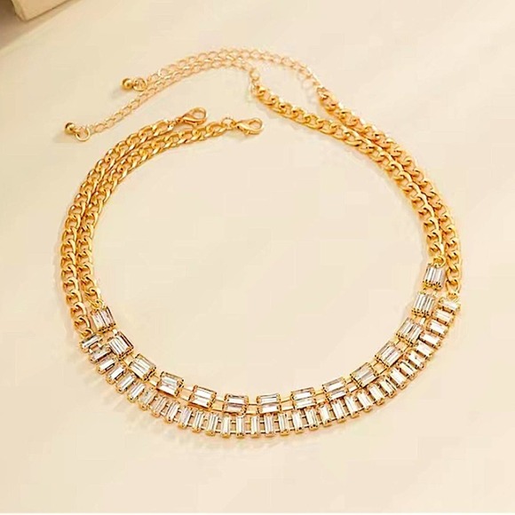 Gold Plated Diamond Baguette Multilayer Choker Necklace - Picture 5 of 8